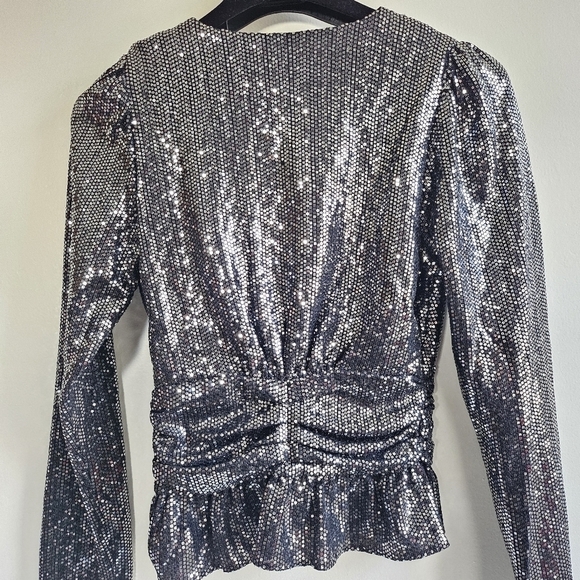 New BA&SH Mae Sequin Top Long Sleeve V Neck Peplum Party Sparkle Noir Black XS - Picture 15 of 17
